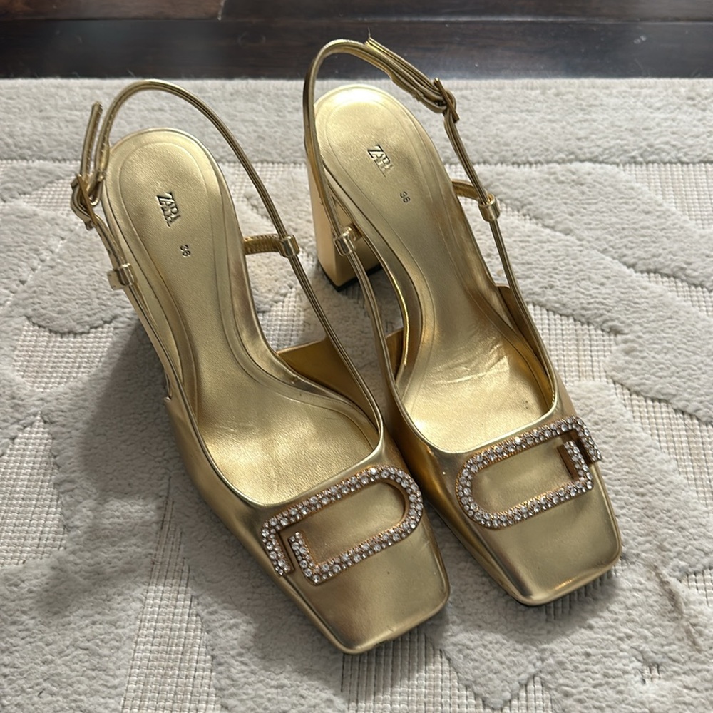 Zara Gold Rhinestone Buckle Slingback Heels